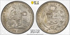 1869 YB PCGS AU58 - Peru Silver Arabic 1 Sol Coin #62010A picture