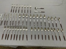 VINTAGE INTERPUR JAPAN 49 PC MCM SET STAINLESS FLATWARE WOOD HANDLE RETRO MODERN picture