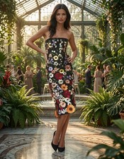  NWT Adelyn Rae Beth 3D Floral Lace Midi Dress Strapless Black Multi Small picture