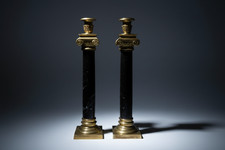 Vintage Brass & Black Marble Neoclassical Candlesticks – Pair – Circa 1970s–1980 picture