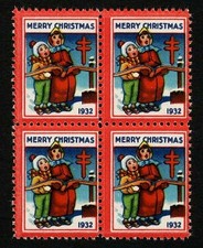 1932 WX66 Carolers Singing Printer's Mark Block of 4 US Christmas Seals Mint MNH picture