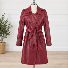 TANMING Women’s Faux Leather Trench Coat Wine Red Belted XS NWT picture