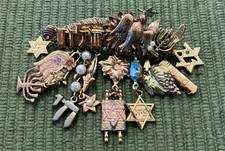 Vtg Jewish Charm Dangle Brooch Pin Star Dove Scroll Gold Color Metal  picture