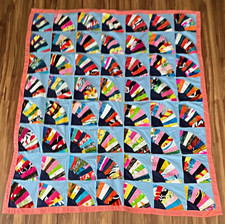VTG 60's Patchwork Multicolor Fan /Blue Blocks Throw No Lining 53