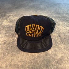 VTG UAW United Auto Worker Union Trucker Hat Snapback Navy Blue Yellow Deadstock picture