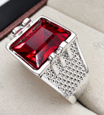 Men's Garnet 925 Sterling Silver Ring, Handmade Red Gemstone Emerald Cut Ring picture