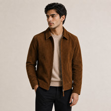 Men Suede Leather Jacket Brown Genuine Classic Smart Casual Bomber Trucker Coat. picture