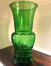 Vintage Emerald Green Pressed Glass Vase 9.5” Retro MCM Geometric Paneled picture