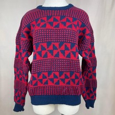 Vintage 1987 CB SPORTS Mens Shetland Wool Sweater|L|Red Navy Geometric Ski Knit picture