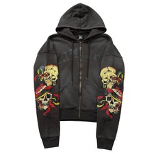 ED HARDY “Skulls” CHARCOAL SUNFADED BOXY ZIP UP HOODIE picture