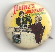 Orig Vintage Heinz’s Baked Beans  w Tomato Sauce Pin Pinback Button w/ Backpaper picture
