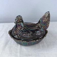 Fenton Black Carnival Glass Hen on Nest Covered Dish Iridescent Oil Slick 5.5