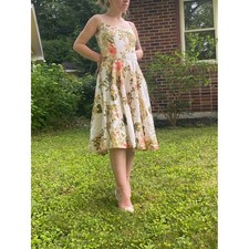 MILLY 50s Style Midi Dress Cream Pink Floral cotton Y2k Vintage  0/2 RETRO FEMME picture