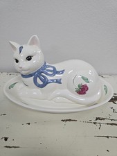 Lenox Poppies on Blue Kitten Covered Butter Dish Barnyard Collection. VTG picture