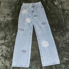 SHEIN High Waisted Floral Embroidered Light Wash Jeans Straight Leg Size XS picture