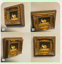 VTG French Country Oil On Board Framed Rabbit Bunny Painting Ornate Gold Art HTF picture