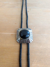 Men's Western Adjustable Bolo Tie Black Braided Leather Cord Silver Tone Onyx picture