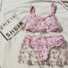 SHEIN Pink Floral Lingerie 2 Pc Set Bra Skirt Pantie Lace Sexy Romantic Love LG picture