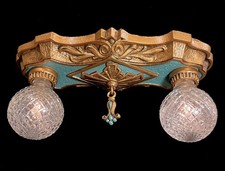 Antique Vtg Art Deco 2 Light Flush Mount Ceiling Fixture Polychrome RESTORED picture