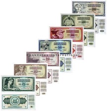 YUGOSLAVIA COMPLETE 7 NOTE SET 5 10 20 50 100 500 1000 DINARA 1968-86 UNC picture