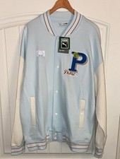 PUMA Tennis Club Varsity Jacket Men's XL Blue/White Colorblock Snap Pockets picture