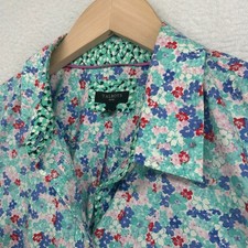 TALBOTS Top Lp Petite Ditsy Floral Button Up Flip Cuff Woven Cotton Aqua Blue picture