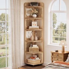 6-Tier Tall Corner Shelf, Rustic Narrow Corner Bookshelf Bookcase w/ Square Rack picture