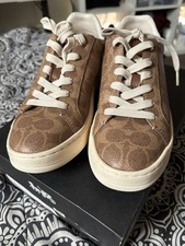 Coach Women's Signature Canvas Low Top Sneakers Brown Tan Monogram Lace Up picture