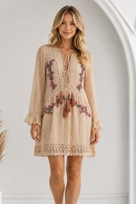 Adelyn Rae Embroidered Tie Neck Bell Sleeve Dress Size Medium Summer Resort Chic picture