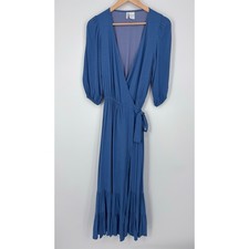 Fresha London Blue V-Neck Wrap Tiered Maxi Dress Womens XS Puff Sleeve picture