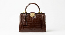 Handmade Croc Embossed Leather Top Handle Bag Structured Satchel Brown Vintage picture