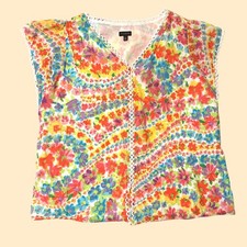 Talbots Womens M Floral Cotton Blouse V-Neck Eyelet Trim Flutter Sleeve Multi picture