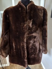Vtg 1950s Brown Mouton Lamb Fur Car Coat Plaid Tartan Lining Sams Bros Small M picture