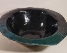 Large  Studio Art Pottery Bowl Asymmetric Bowl Teal Black Signed DHP 13 Inch picture