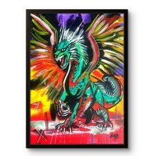 ME Original 16x12 Expressionist Green Dragon Roaring Painting Signed Canvas picture