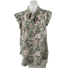 Ann Taylor LOFT Green Floral Ruffle Sleeve Tie Neck Bow Shirt Blouse Top Size M picture