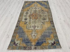 Vintage Yellow Turkish Large Area Rug Handmade Wool Saloon Rug 4.1x7.9 Ft picture