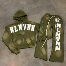 Mens 2 Piece Distressed Tracksuit Set Long Sleeve Jacket Pants Sweatsuit Outfits picture