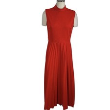 VTG 60s 70s Emmey Fashions Red Pleated Maxi Dress High Neck Sleeveless ZigZag picture