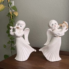 Vintage Ceramic Angel Figurines Set 2 Harp Flute White Gold Trim Japan picture