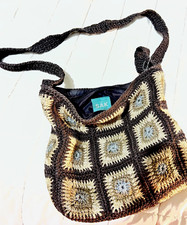 The Sak Women’s Crochet Granny Square Shoulder Bag Zip Lined Brown Beige Blue picture