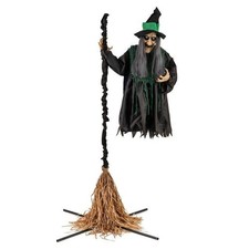 Witch on Broom Halloween Animatronic Life Size Prop with LED Lights Laughing picture