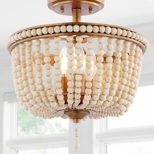 JONATHAN Y Allie 14 in. Wood Beaded/Metal LED Flush Mount, Black /-Light Taupe picture