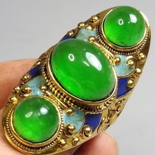 Antique Jade Ring Triple Eye Inlay Old Jadeite Gemstone Size 20mm Vintage Style picture