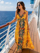 ECI New York Women's Size 10 Yellow Printed Maxi Dress Sleeveless V Neck picture
