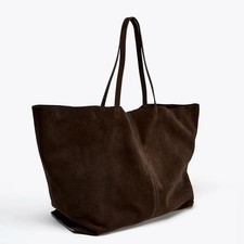 Women Genuine Suede Cowhide Leather Tote Bag Large Bowling Shoulder Shopper Bag picture