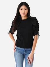 FRAME Brand $188 Solid Black Ruched Tie Sleeve Tee Top Size Small picture