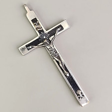 Vintage Pectoral Crucifix Ebony Wood Cross Silver Tone Metal 4.75