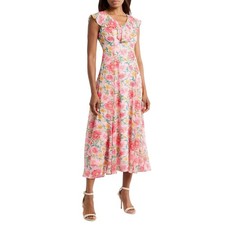 WAYF Ruffle Godet Midi Dress Pink Red Poppies Floral Chiffon Medium picture