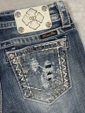 Miss Me Womens Sz 26 Straight Jeans Blue Distressed Rhinestone Embellished picture